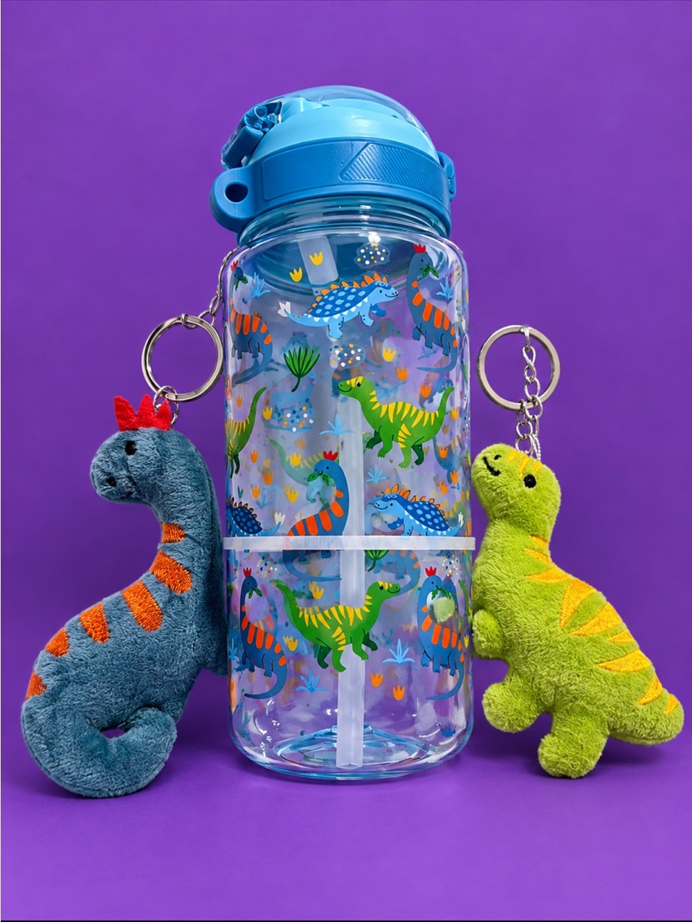 Kids Dino Water Bottle with Plush Keychain Set - Blue